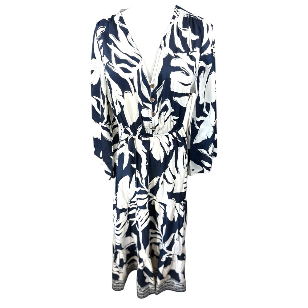 Anthropologie Boemo NWT SZ XL Blue &White tropical leaf‎ pattern midi dress